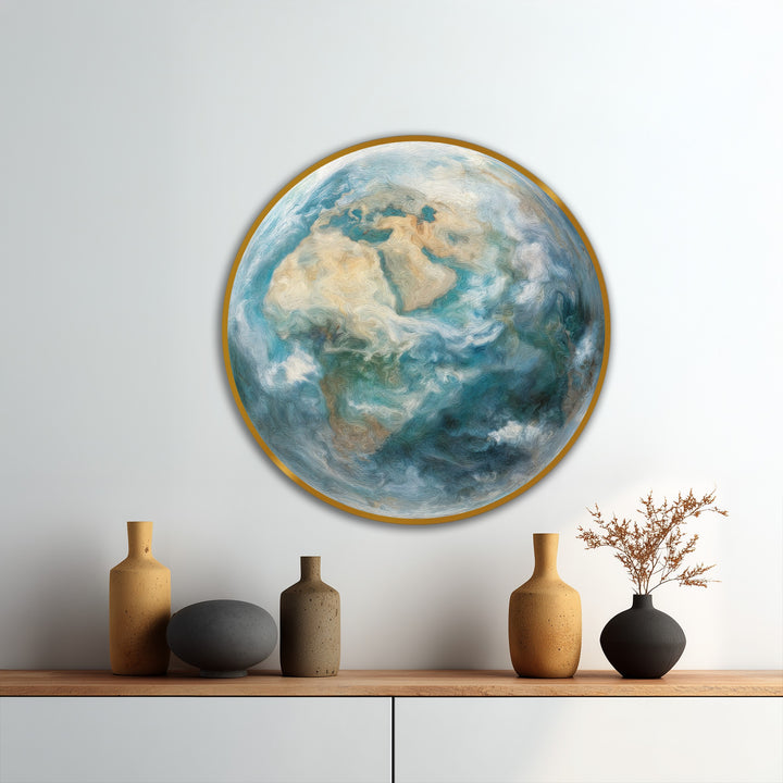 A vibrant gold edge frames this round oil painting artwork, giving depth and definition to the atmospheric globe design.