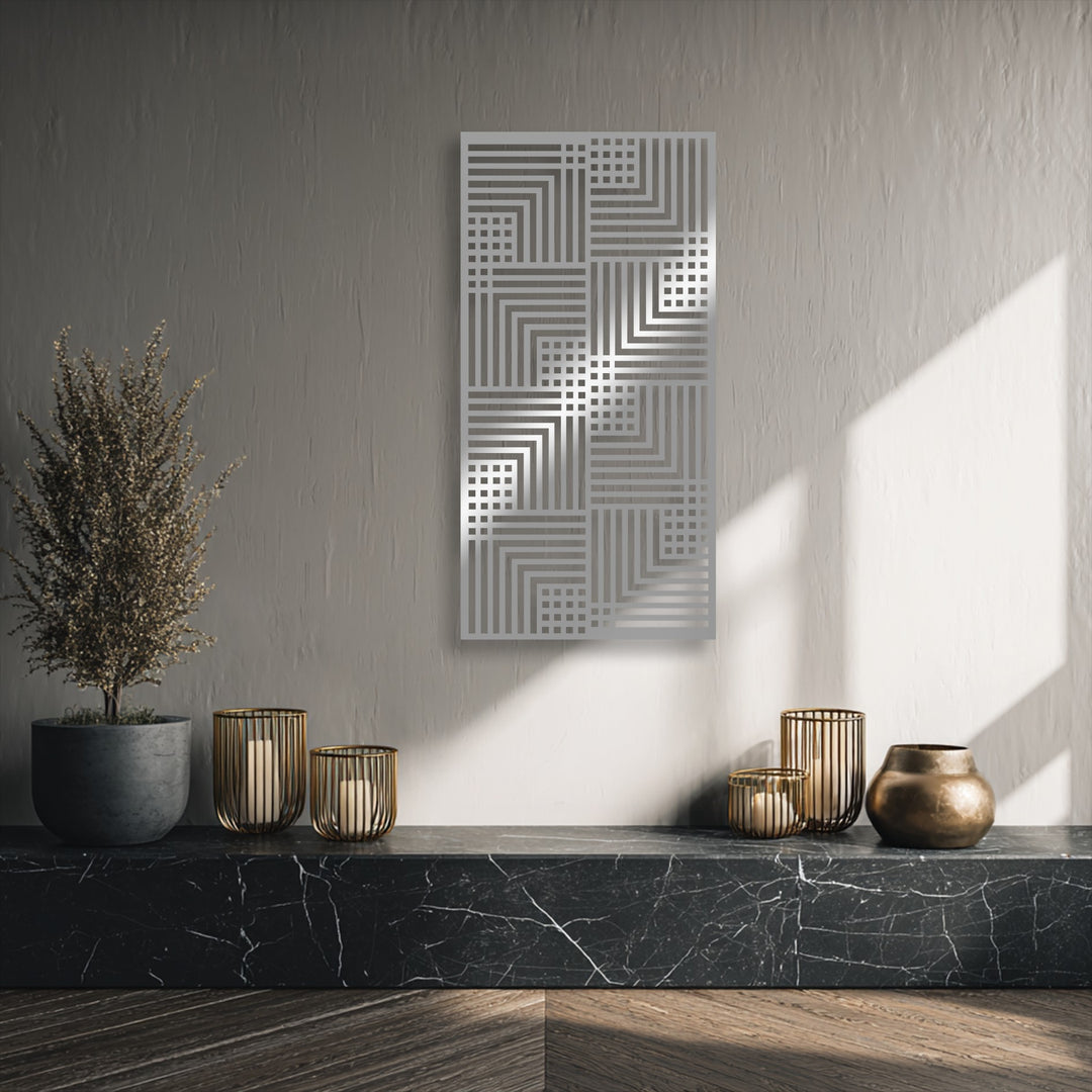 Visual rhythm is evident in the modern geometric metal artwork, featuring repeating linear patterns and grids on a textured wall.