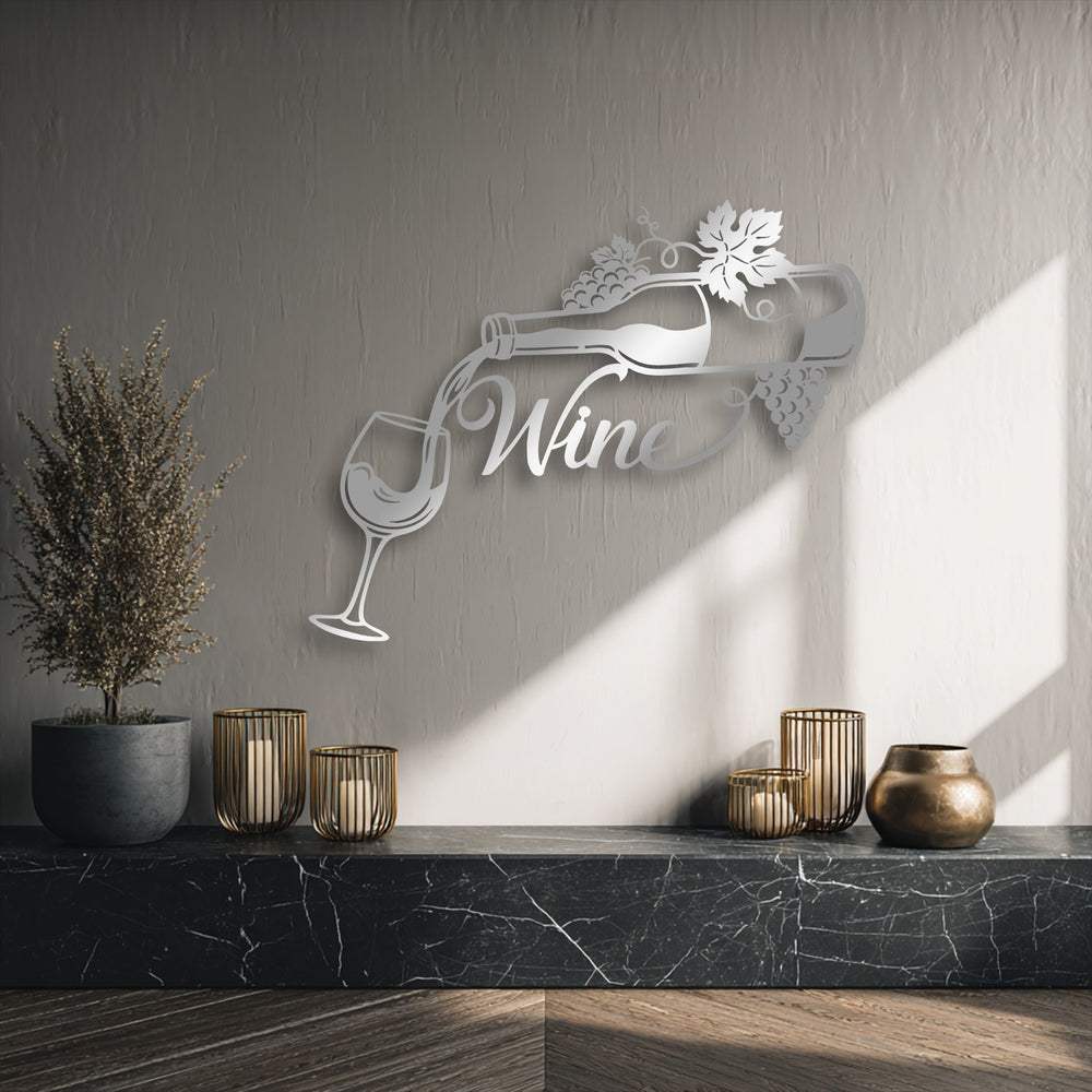 The visual rhythm of this unique metal wall art captures a gracefully pouring wine bottle and glass, creating an elegant decorative flow.