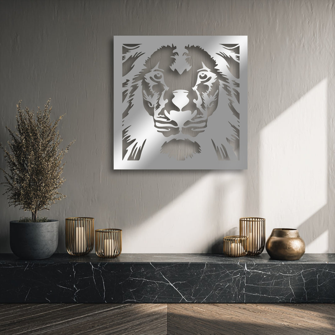 Majestic lion face, a unique metal wall art piece with intricate geometric details, reflects light on a textured wall.