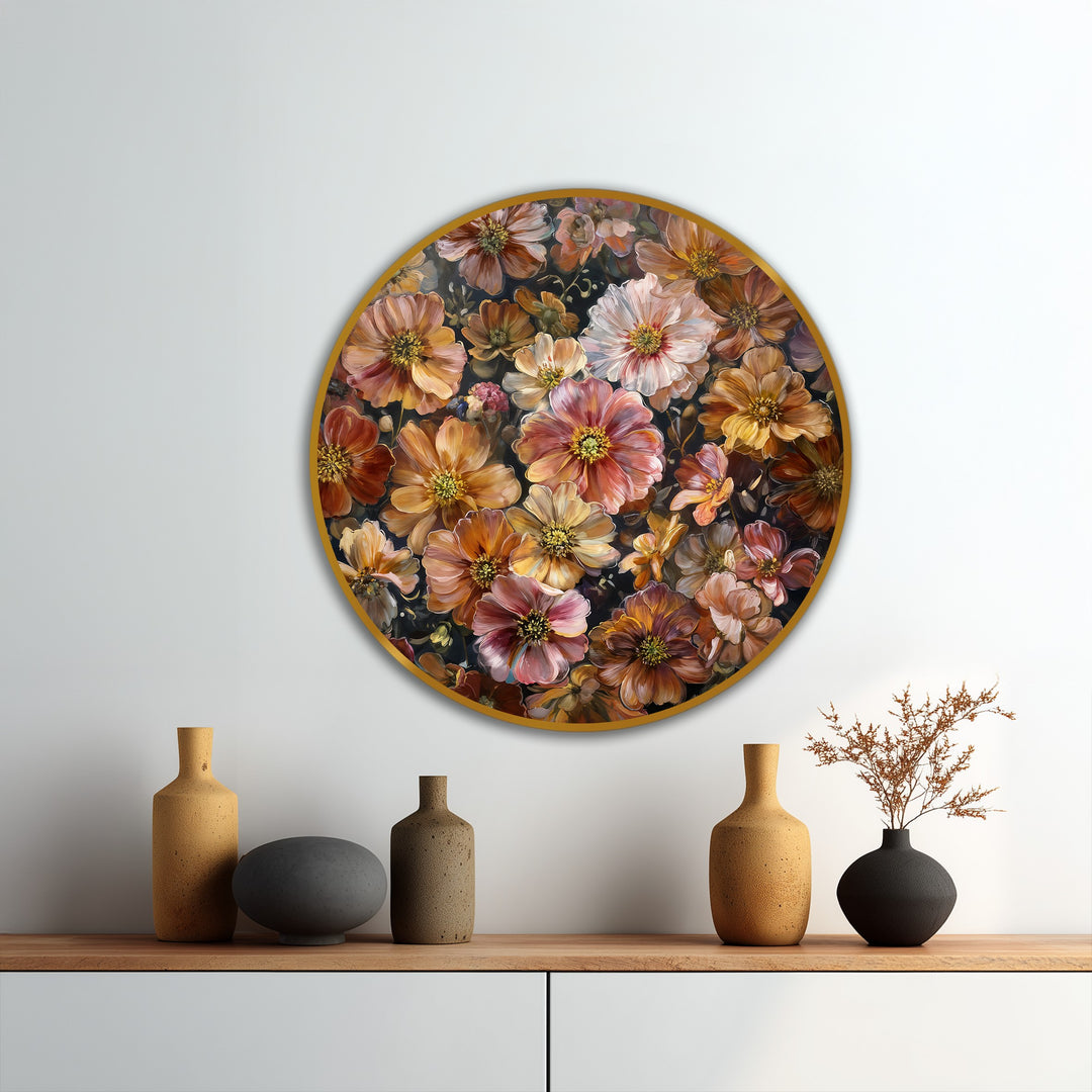 The realistic detail showcases a stunning autumn bloom symphony floral round oil painting reproduction print, brimming with rich amber and blush tones that capture nature's warmth.