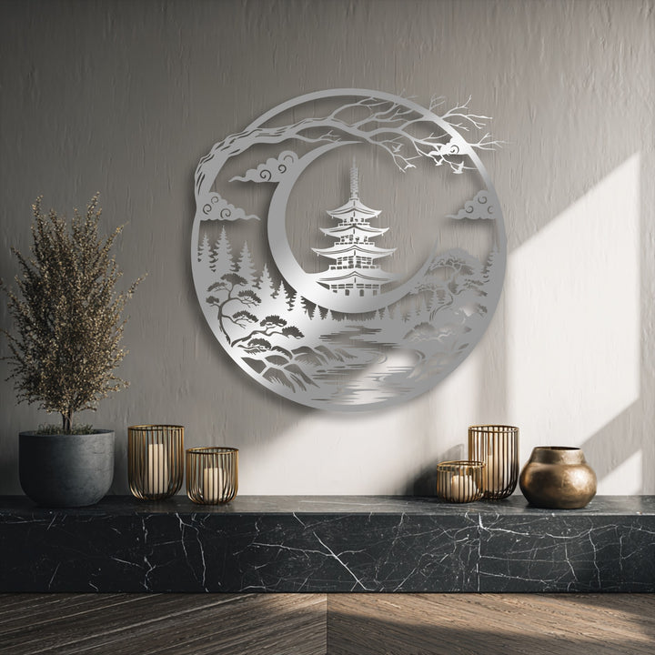 A multi-layered Japanese pagoda and crescent moon landscape metal art for wall, showcasing intricate depths of trees, mountains, and clouds.