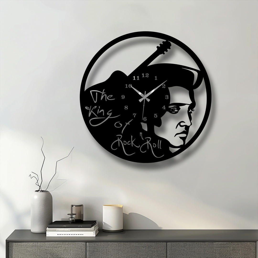 The gently diffused shadow beneath the Elvis-themed rock music icon metal wall clock highlights its decorative metal art design.
