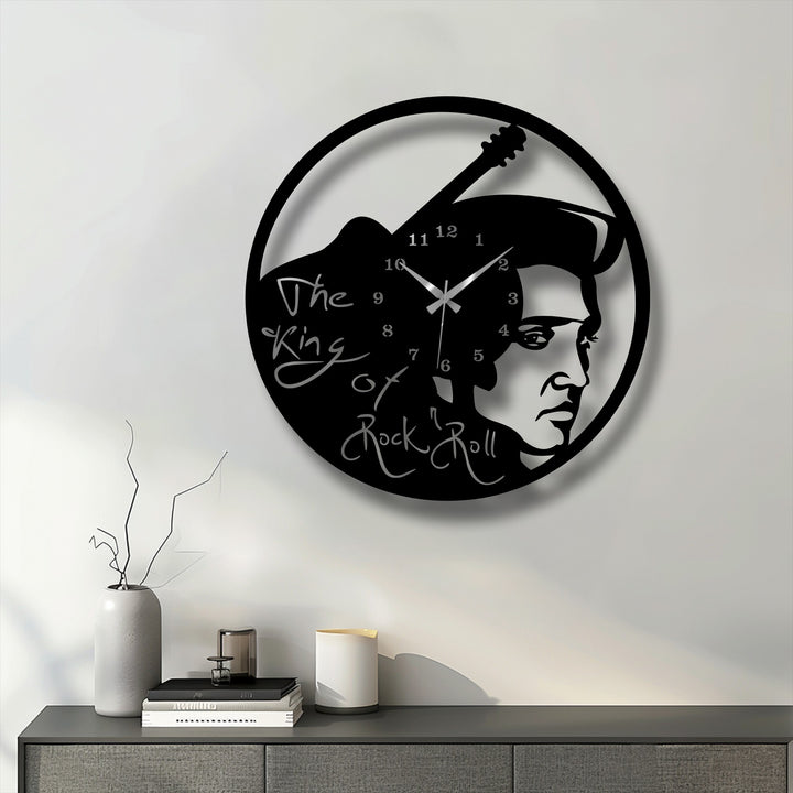 The gently diffused shadow beneath the Elvis-themed rock music icon metal wall clock highlights its decorative metal art design.