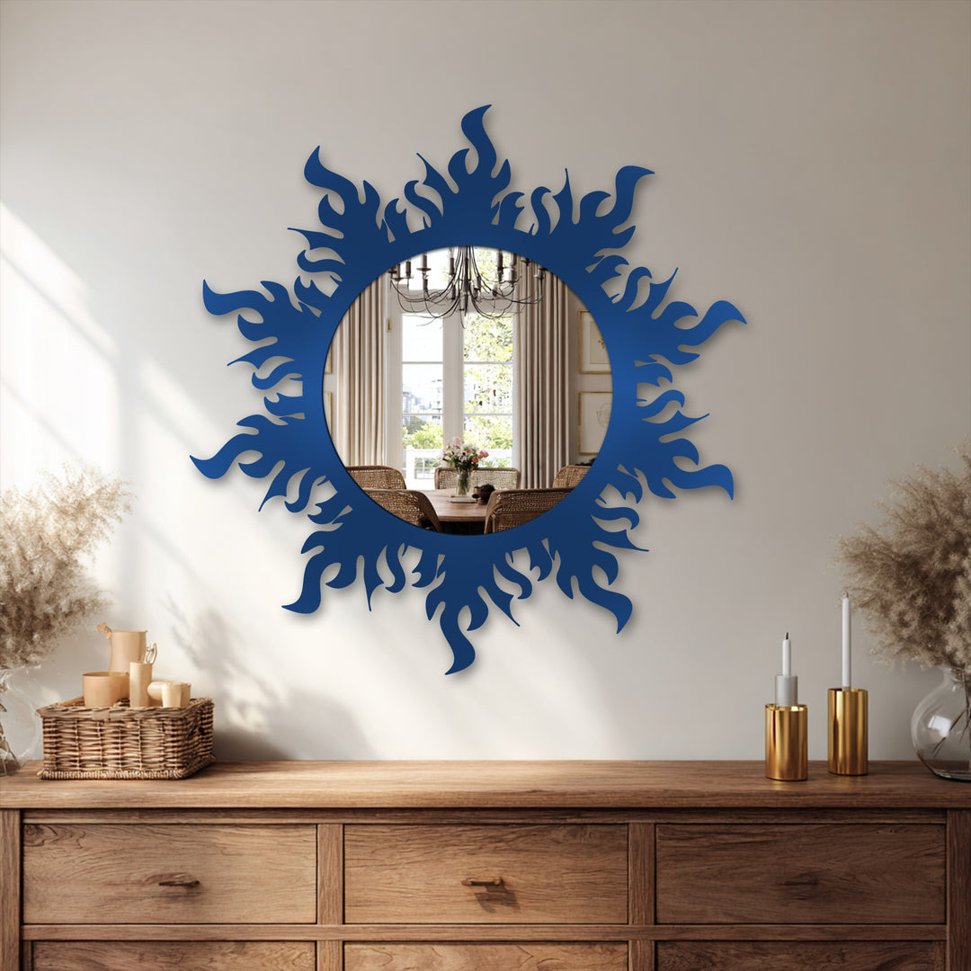 Flame Crown Round Decorative Wall Mirror – Modern Asymmetrical Mirror Wall Decor