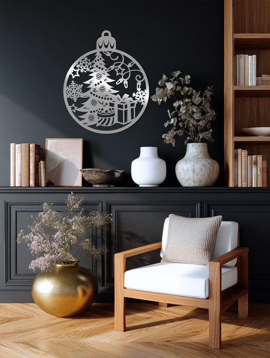 Highlighting the darkest area, a silver Festive Glow Christmas Tree & Gift metal wall decor design creates an eye-catching contrast and serves as bold metal wall decor.
