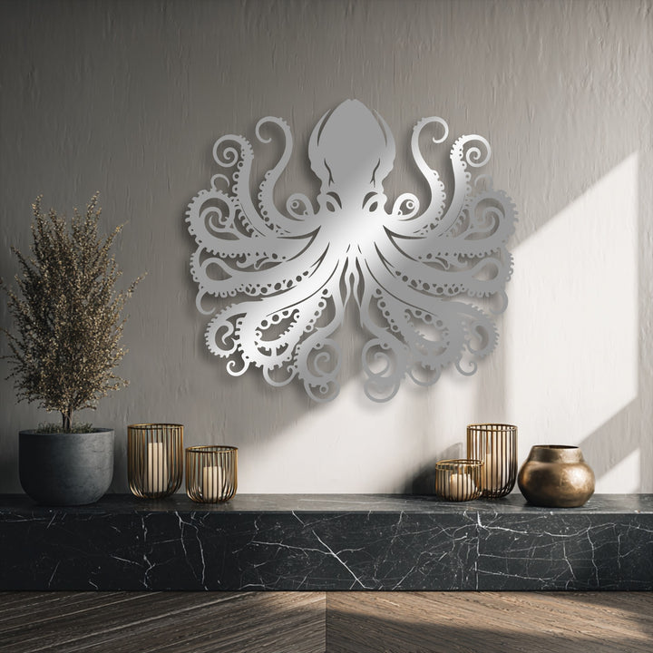 Abstract metal artwork featuring a stylized octopus with swirling, decorative tentacles, creating a captivating ocean creature decor.
