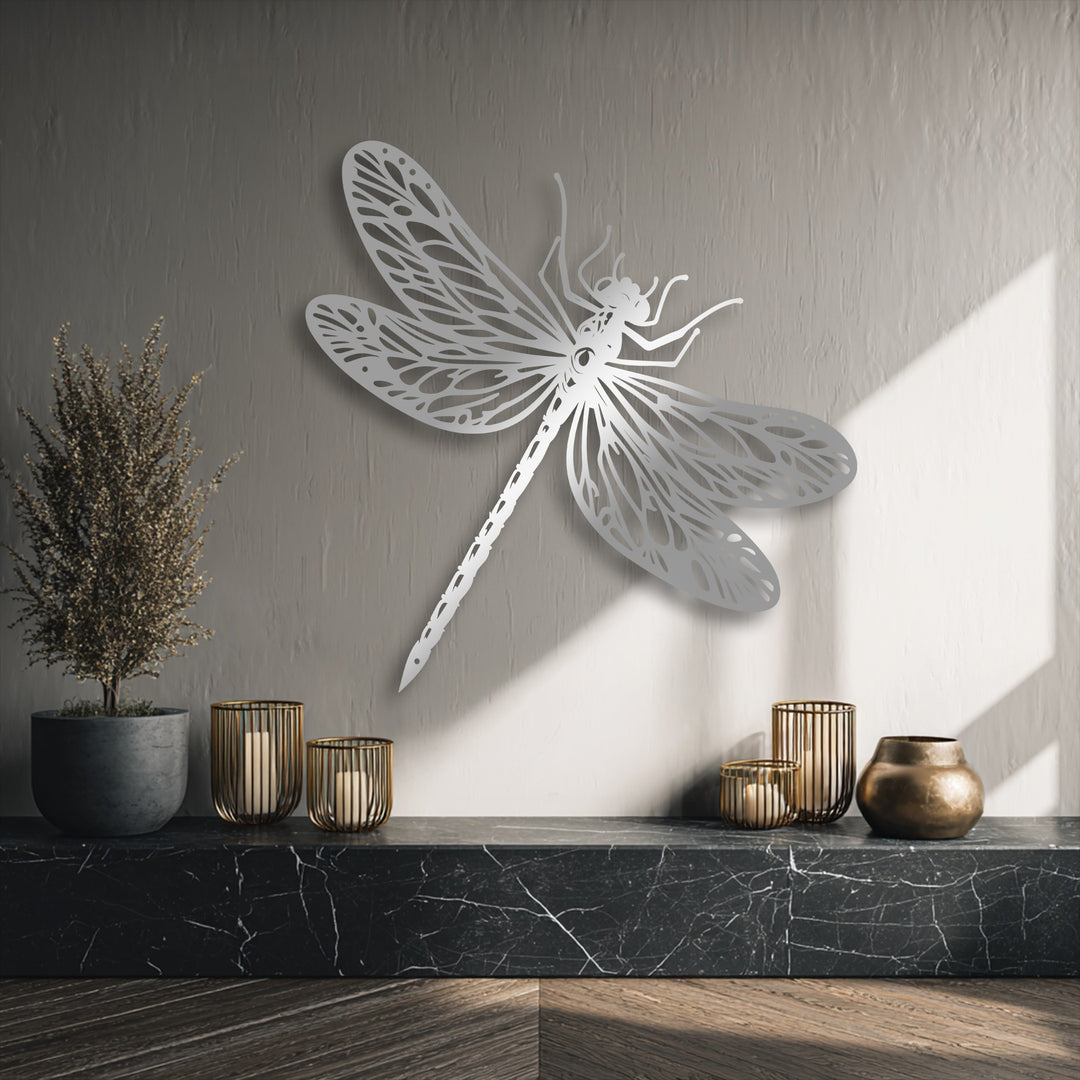 Geometric elements intricately form the elegant dragonfly unique metal wall art, showcasing detailed wing patterns and a segmented body.
