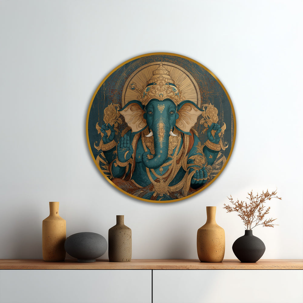 Cool color temperature enhances the turquoise Ganesha round oil painting home decor, presenting a serene and spiritual wall art piece.
