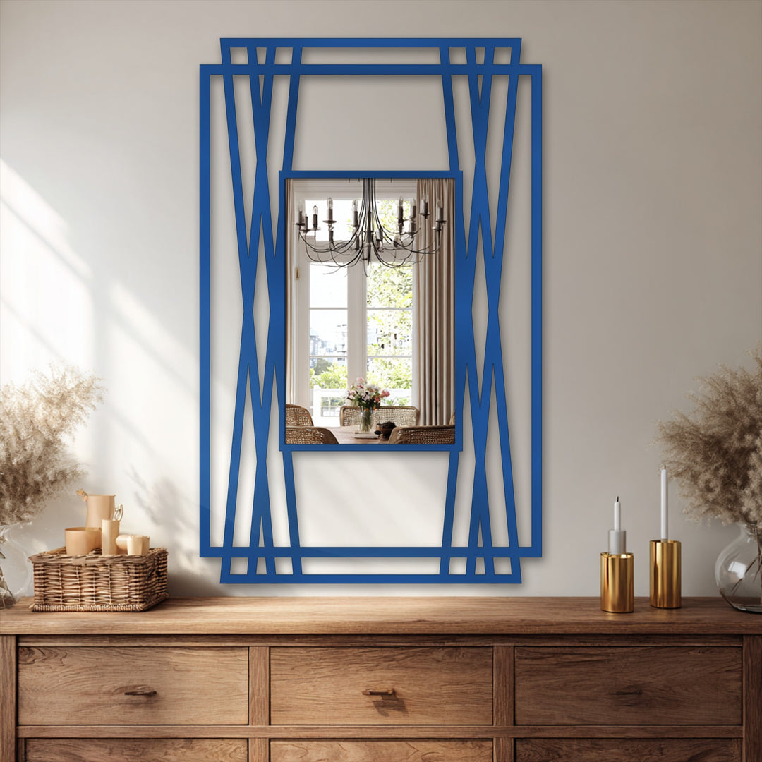 Negative space highlights the modern design of this vertical geometry frame floor decorative mirror, defined by stark lines and angular, artful arrangement.