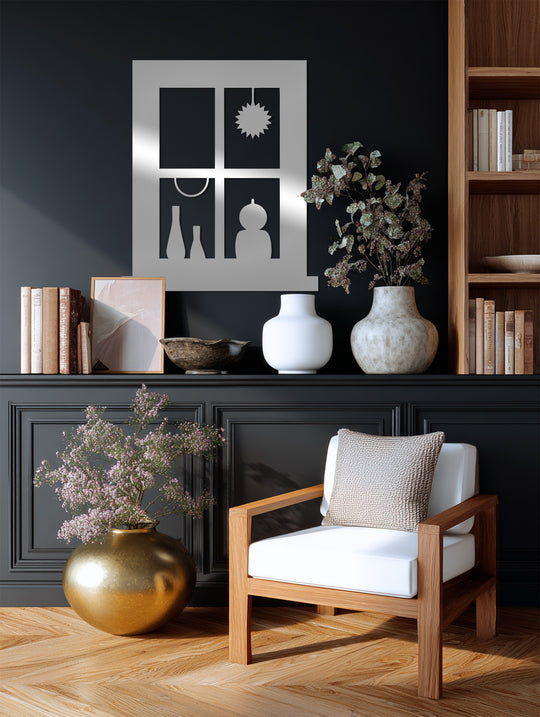 Highlighted by reflected light, the decorative metal art features a modern silhouette square window design with interior home decor accents.