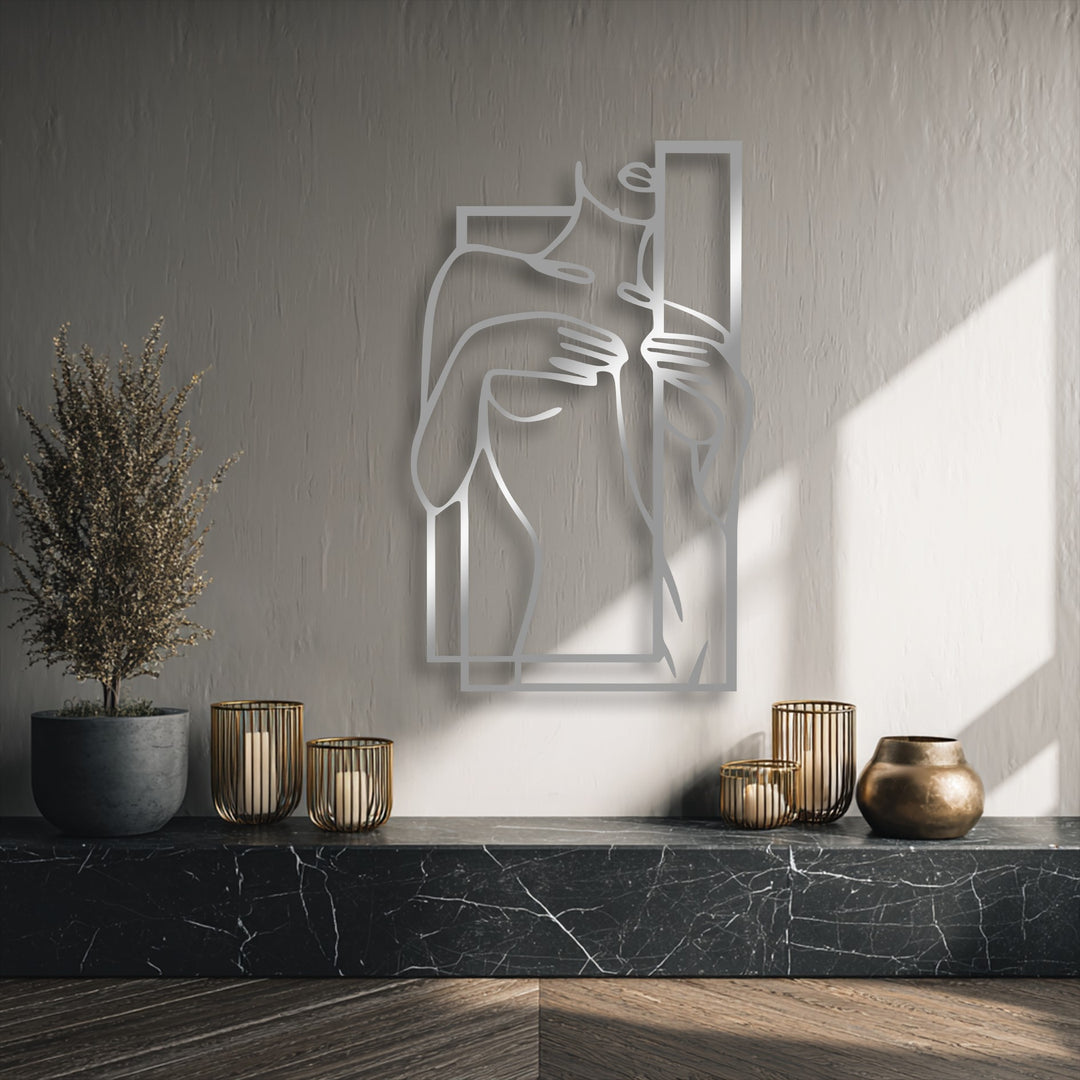 Notice the surface textures, from the rough wall and smooth metal decoration wall art to the polished, veined marble and grainy wood floor.
