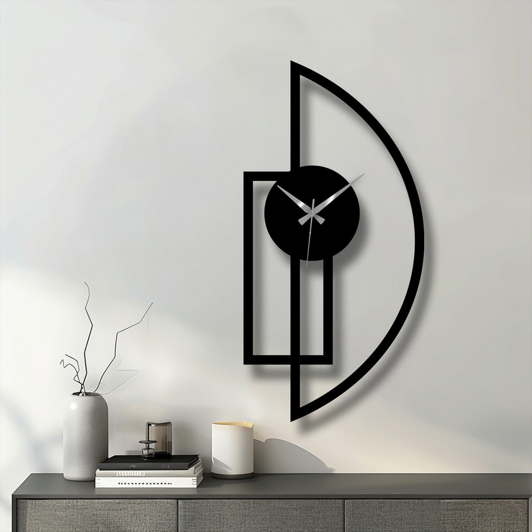 Geometric elements in the minimalist half-moon metal wall clock create a modern silhouette, making it a stunning piece of metal wall decor for contemporary spaces.