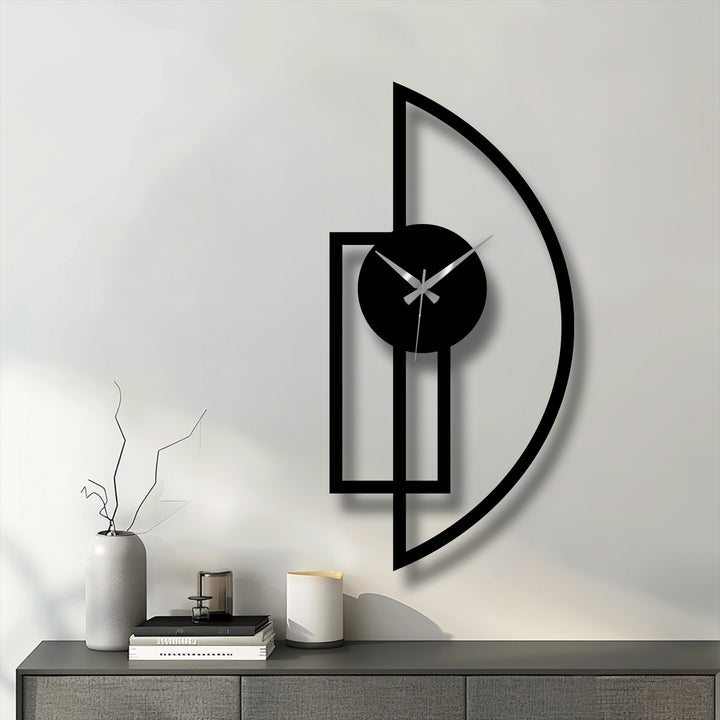 Geometric elements in the minimalist half-moon metal wall clock create a modern silhouette, making it a stunning piece of metal wall decor for contemporary spaces.