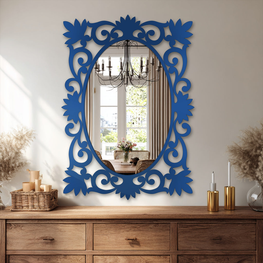 Crafted with precision, this floral baroque elegance oval floor mirror features exquisite detailing, exemplifying artistry in decorating with wall mirrors in its opulent design.