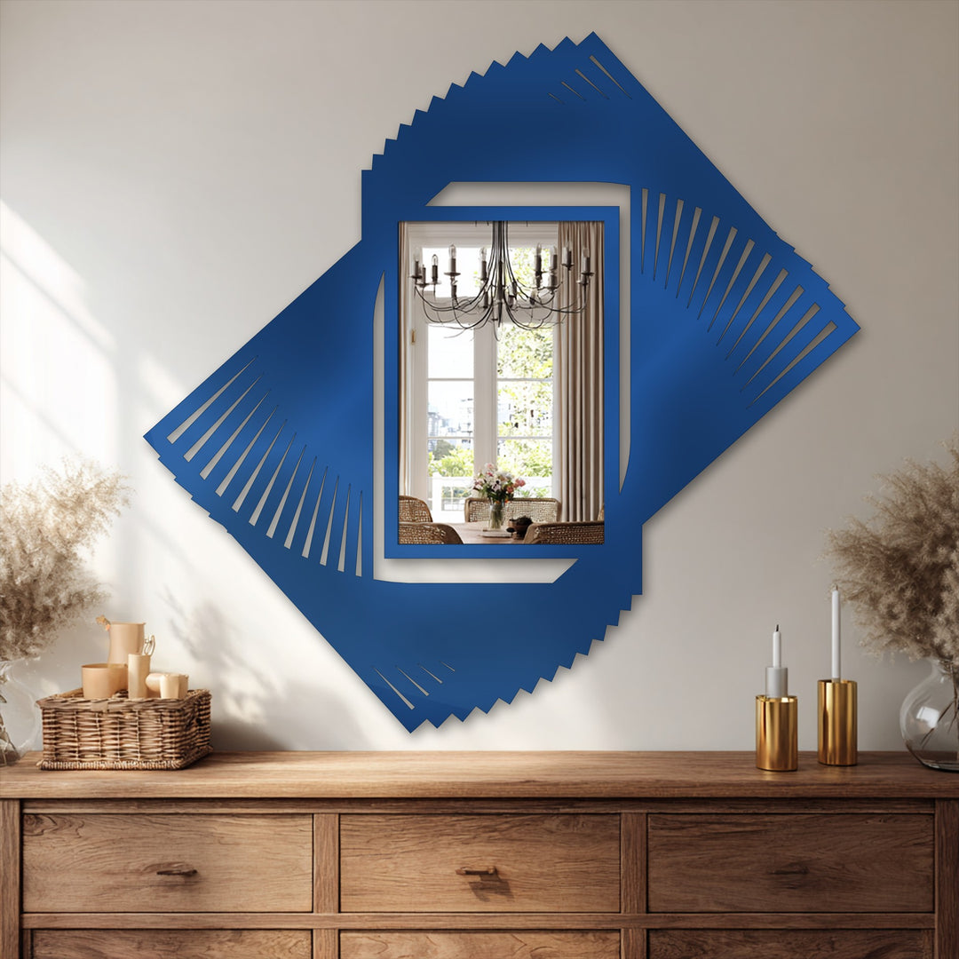 Highlighting the darkest area, this decorative metal art showcases a navy rotating blade metal floor mirror with a bold, dynamic spiral frame design.