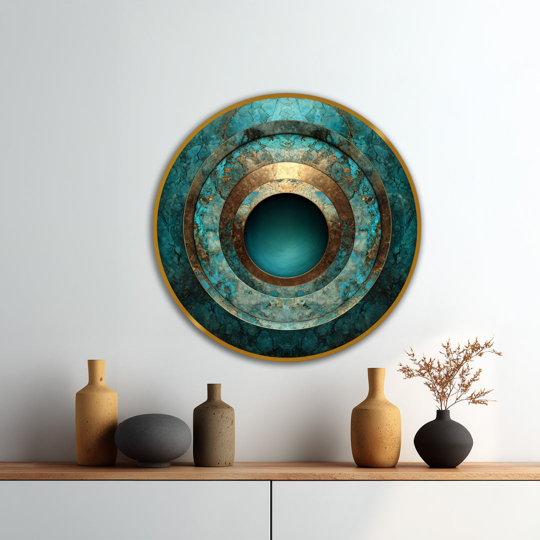 Profundidad turquesa – Círculo abstracto concéntrico Cuadro al óleo sobre madera