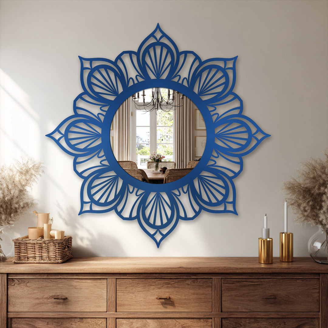 Overlapping layers create a striking mandala floral round metal artwork mirror, its elegant symmetry enhanced by the illusion of depth.