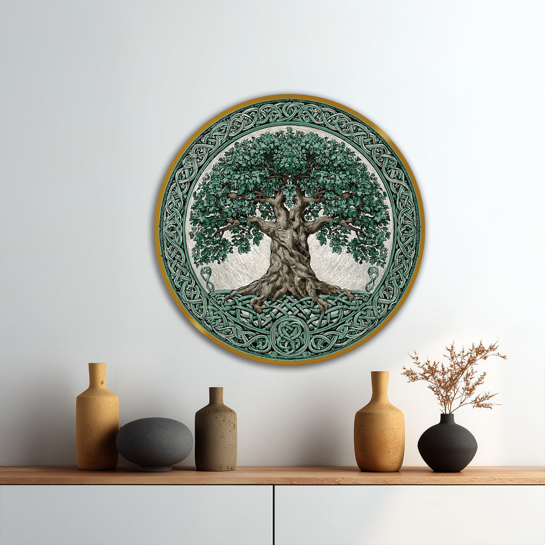 Árbol celta de la vida redondo Cuadro al óleo con nudos ornamentados
