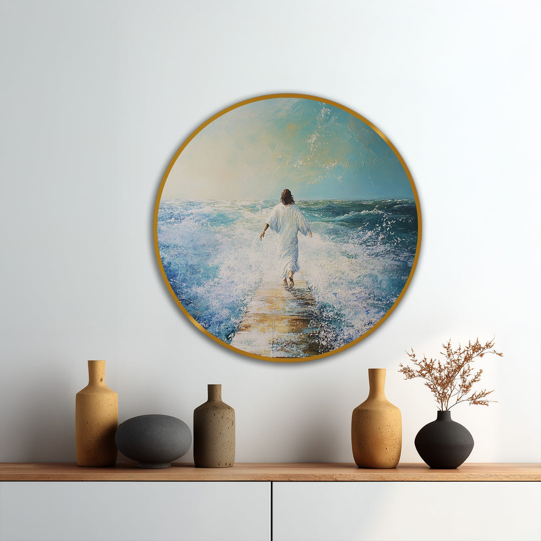 The stillness captures the modern oil painting art of a lone figure on a path amidst ocean waves, radiating a calming and inspirational faith.