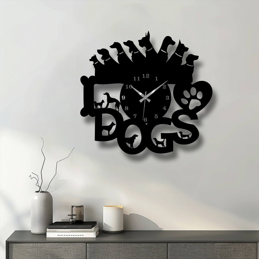 A balanced color temperature softly highlights the intricate Dog Lovers Metal Wall Clock, a striking pet-themed metal art for wall with crisp shadows.