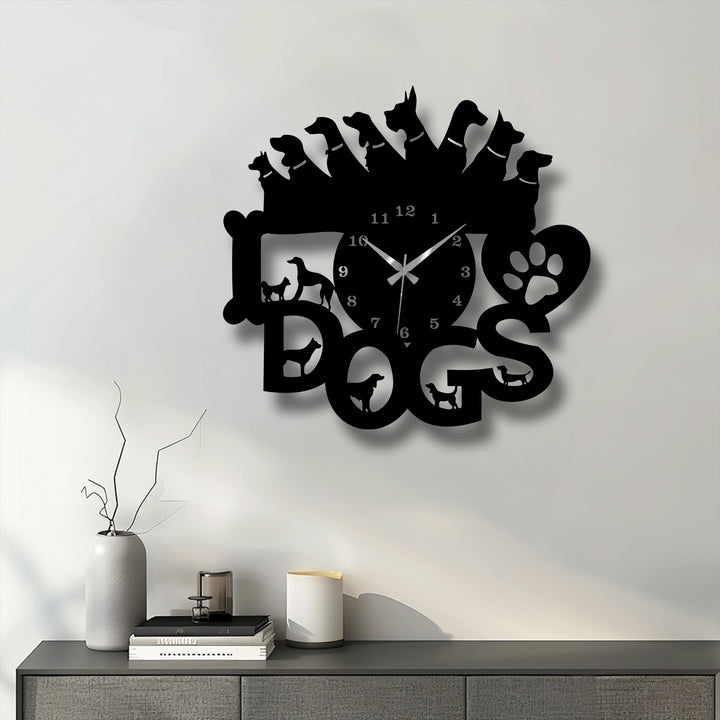 A balanced color temperature softly highlights the intricate Dog Lovers Metal Wall Clock, a striking pet-themed metal art for wall with crisp shadows.