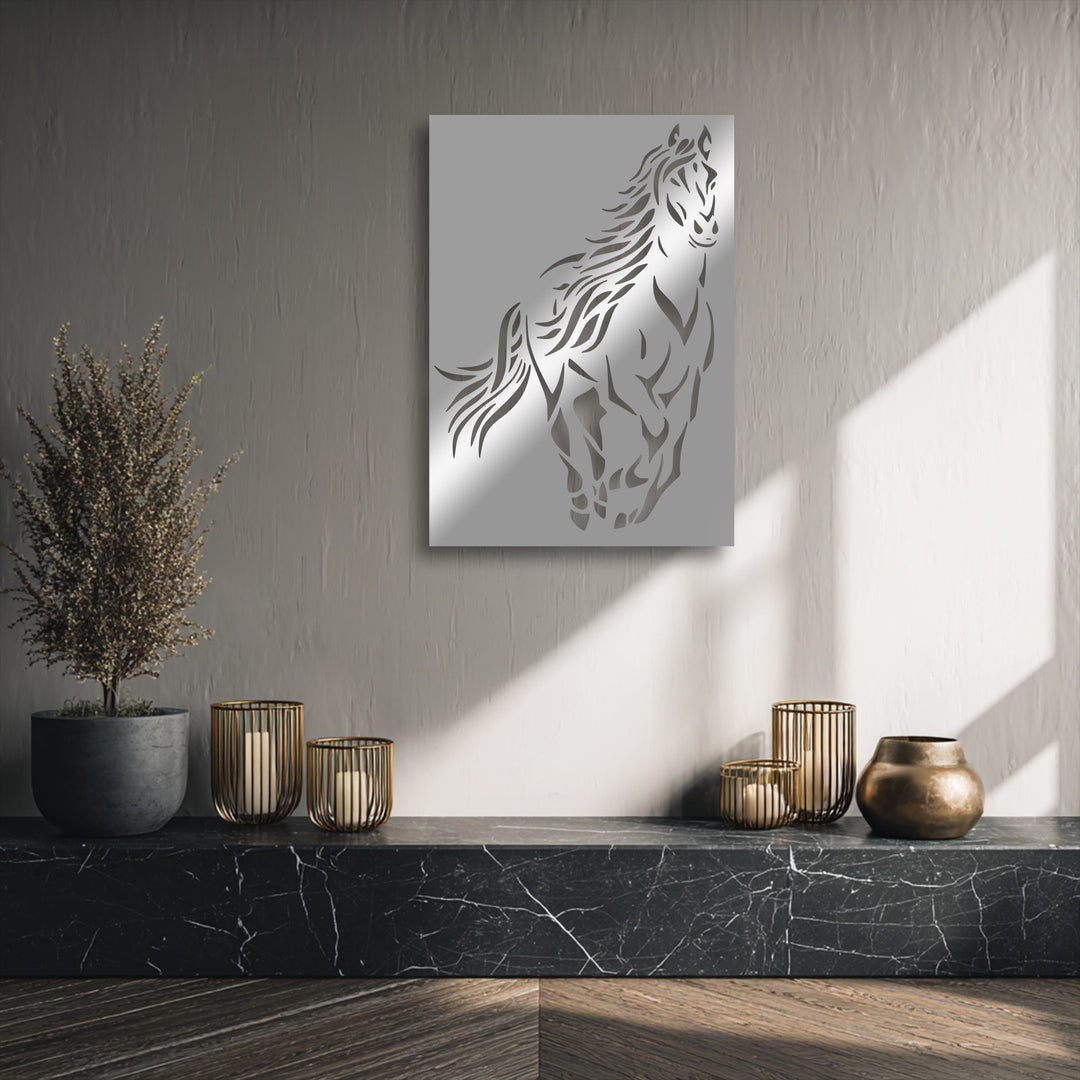 The Wild Spirit Horse metal wall decor creates striking depth with its silhouette, casting distinct shadows and layers on the textured wall.