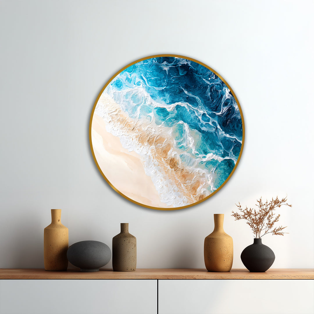 The mesmerizing transition between turquoise hues and creamy sands in this coastal serenity oil painting wall art evokes a tranquil beach scene.