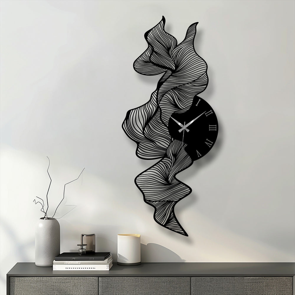Black is the dominant color of this flowing abstract wave metal wall decor clock, a modern artistic piece perfect for stylish home decor.