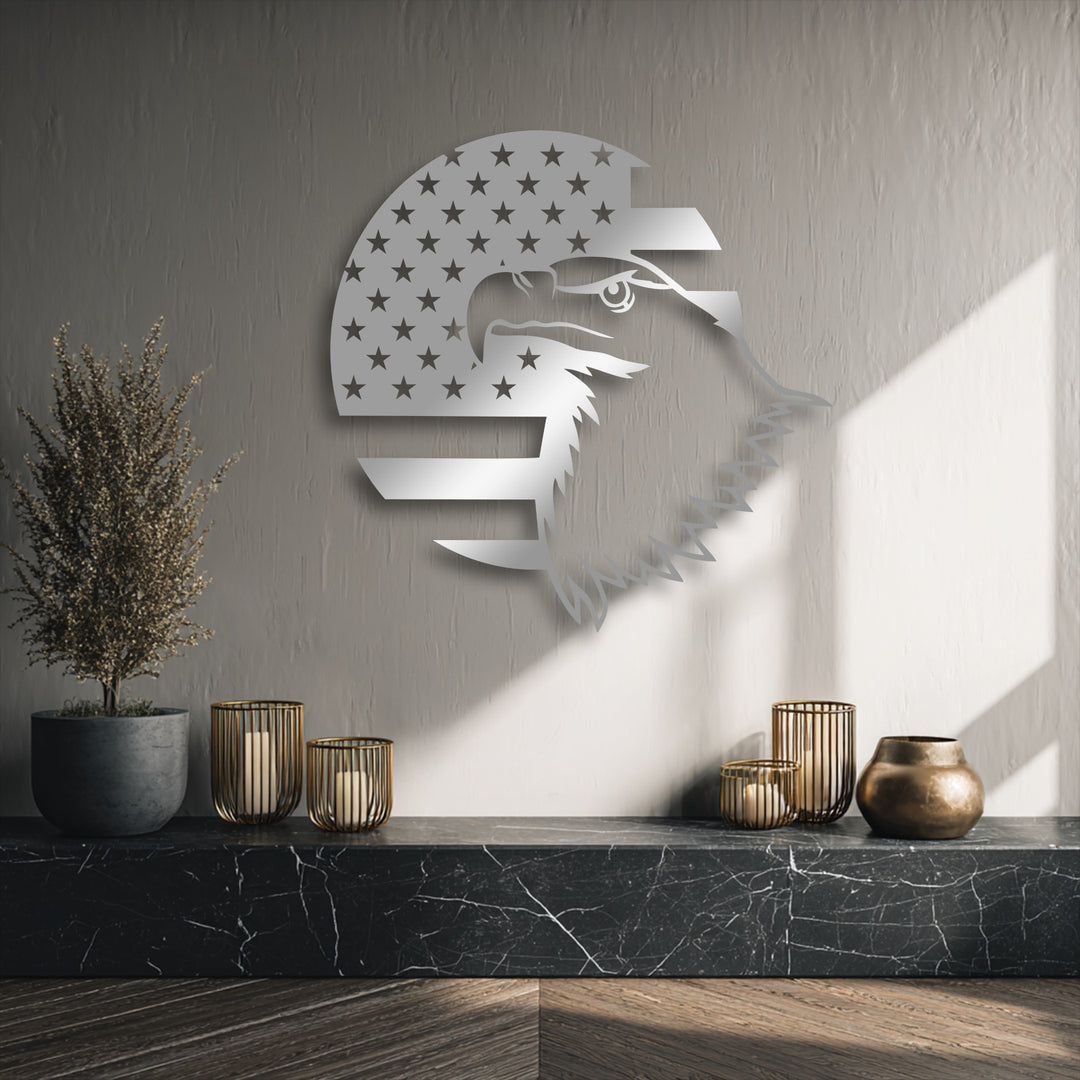 The stillness of the room highlights the intricate details of the Patriotic Eagle Emblem American Flag metal artwork, resting above a calm display.