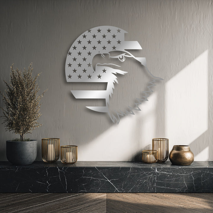 The stillness of the room highlights the intricate details of the Patriotic Eagle Emblem American Flag metal artwork, resting above a calm display.
