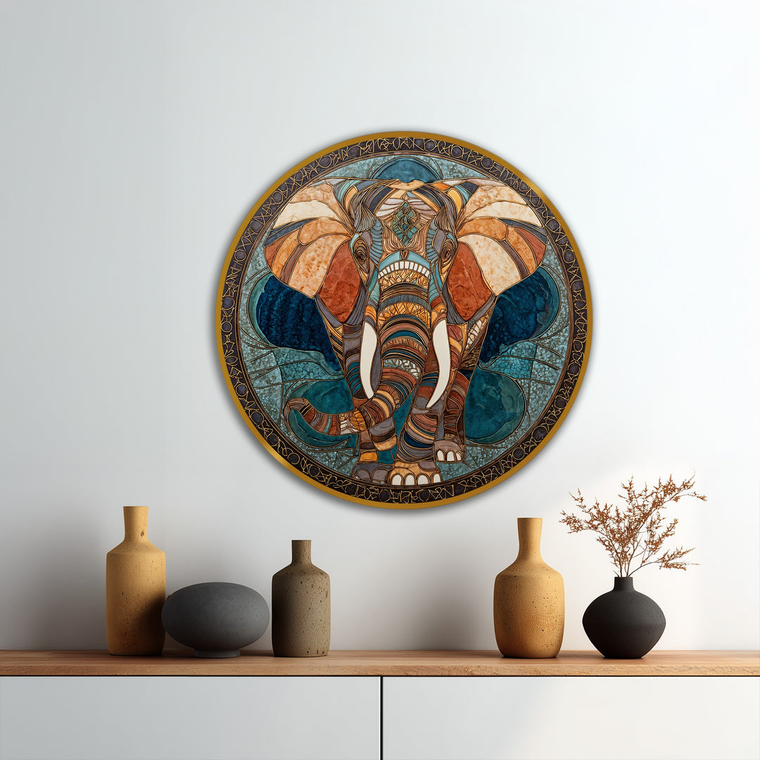 Mosaico Sagrado Majestuoso – Elefante Geométrico Redondo Cuadro al óleo