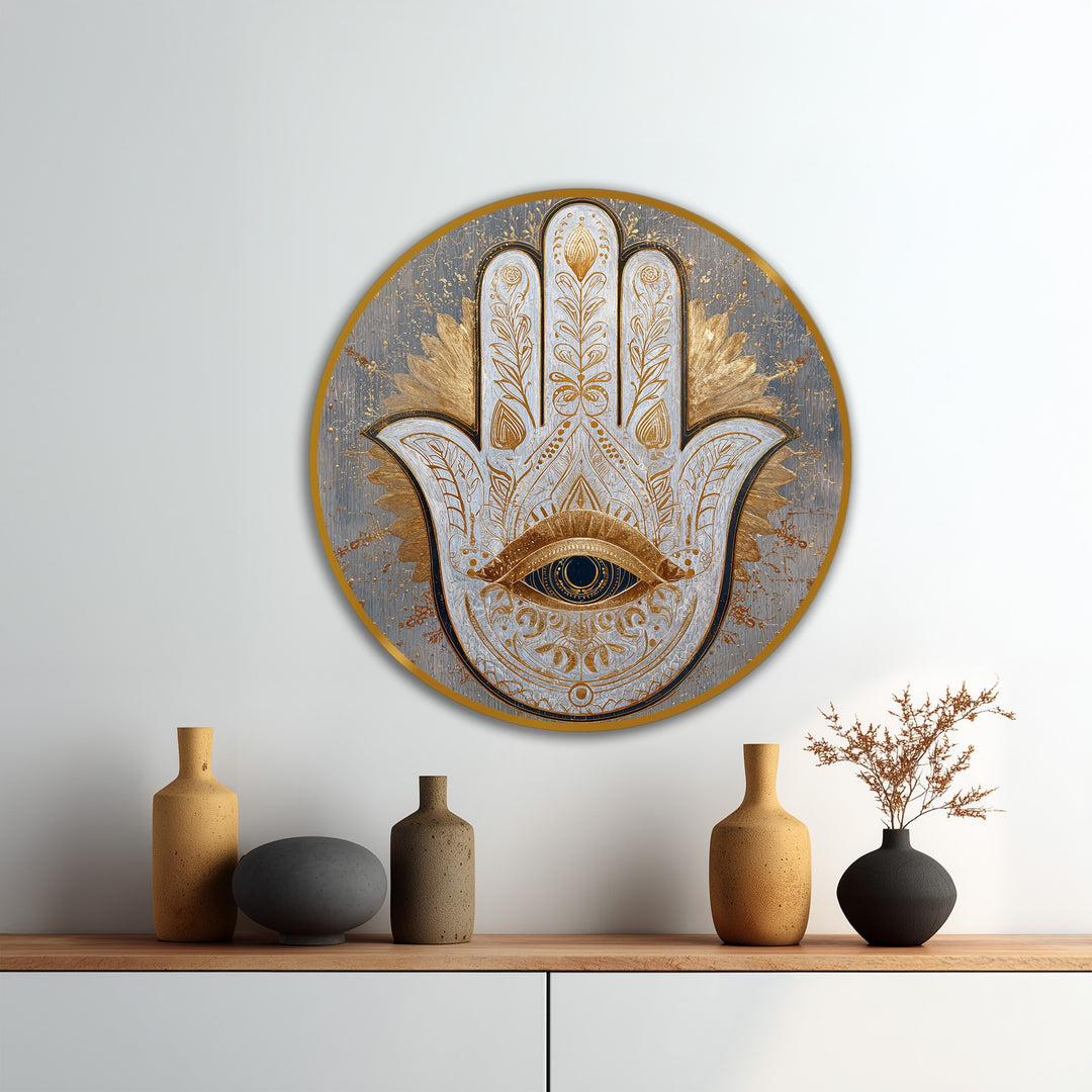 Œil de Hamsa sacré–Rond en bois orné Tableau Peinture à l’huile Art mural