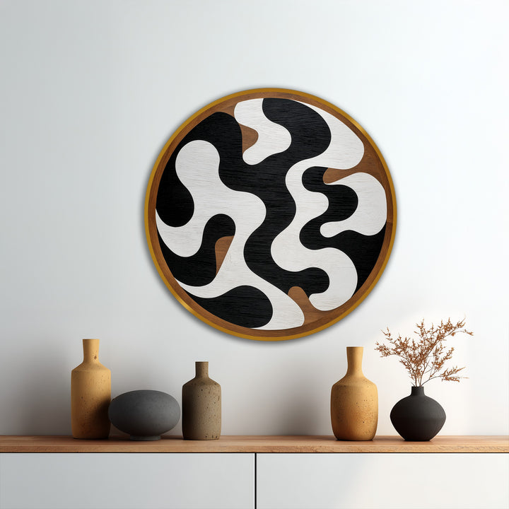 Finely crafted modern oil painting art showcases a high-quality wood panel featuring an elegant monochrome flow, abstract round oil painting design.