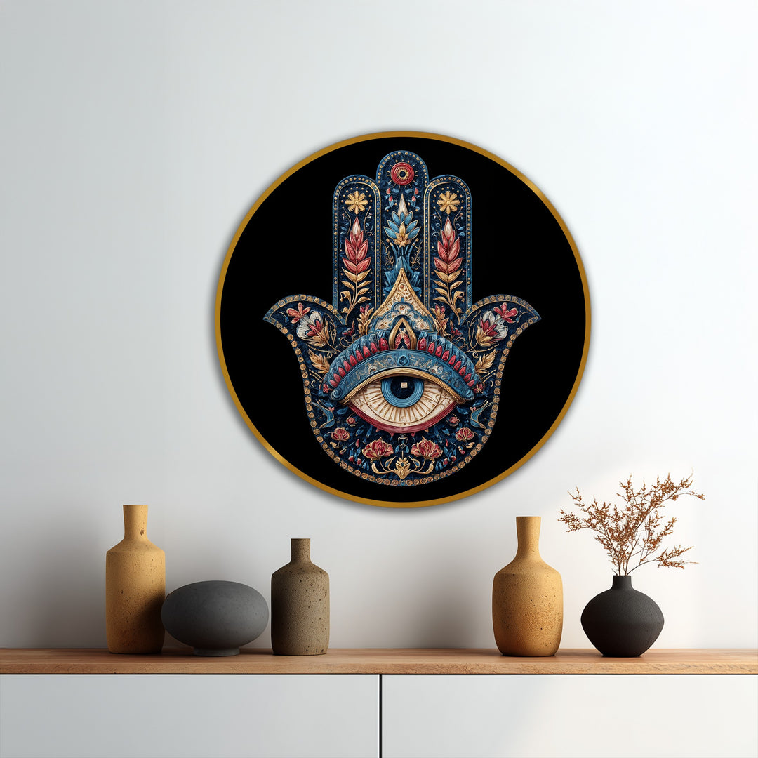 Featuring rich, dark hues, this round oil painting decoration showcases an ornate Hamsa hand with a protective eye, creating a symbolic and elegant wall art piece.