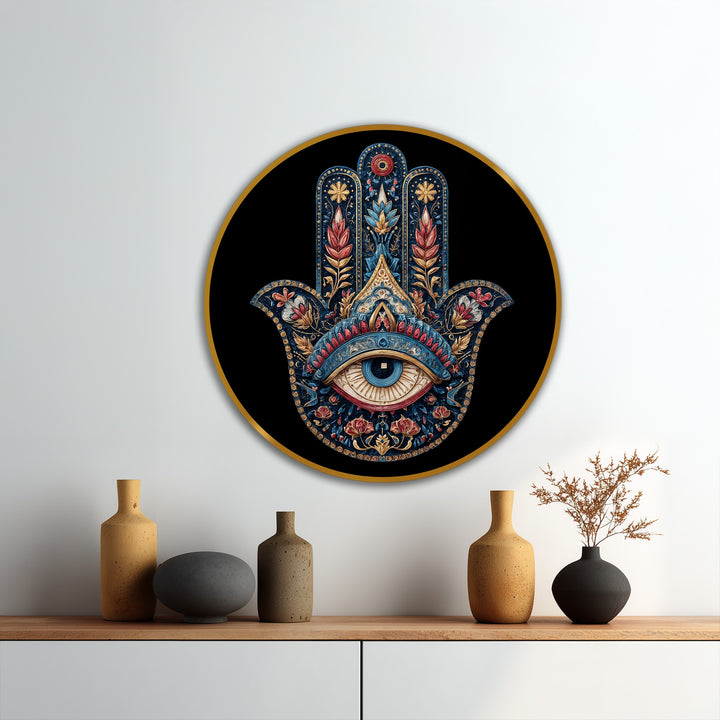 Featuring rich, dark hues, this round oil painting decoration showcases an ornate Hamsa hand with a protective eye, creating a symbolic and elegant wall art piece.