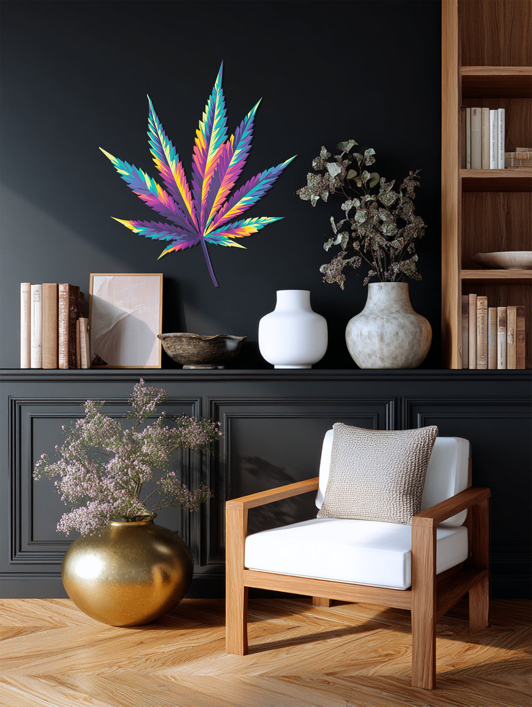 Stillness permeates the decoration wall art, a colorful cannabis leaf metal piece, in a tranquil, artful display against the muted backdrop.