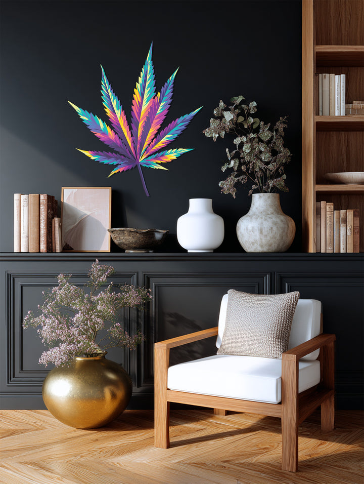 Stillness permeates the decoration wall art, a colorful cannabis leaf metal piece, in a tranquil, artful display against the muted backdrop.