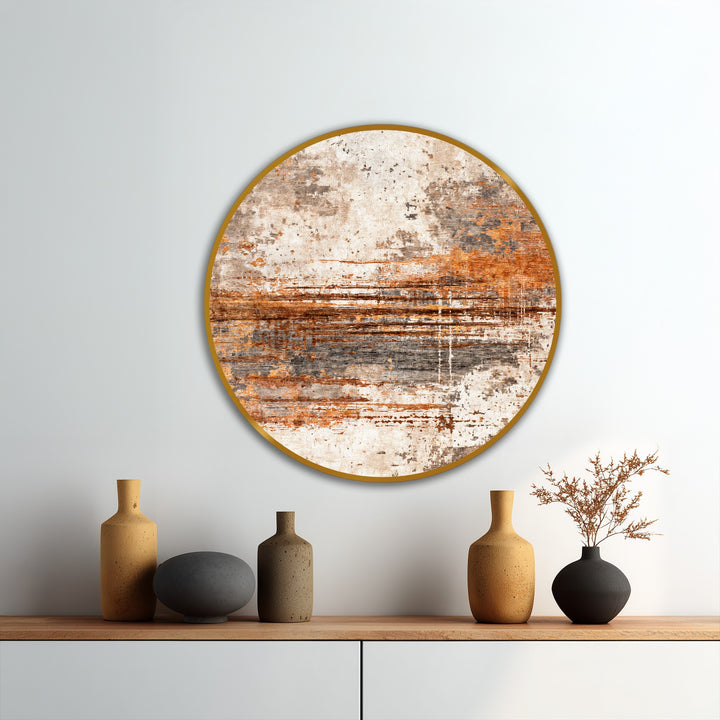 Warm color temperature radiates from this abstract round oil painting wall art featuring a rust horizon texture, bringing an earthy feel to any room.
