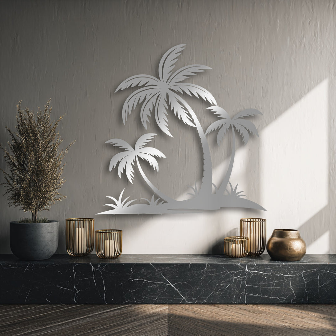 The layered design of the tropical palm tree silhouette metal wall decor creates a captivating depth against the neutral wall.