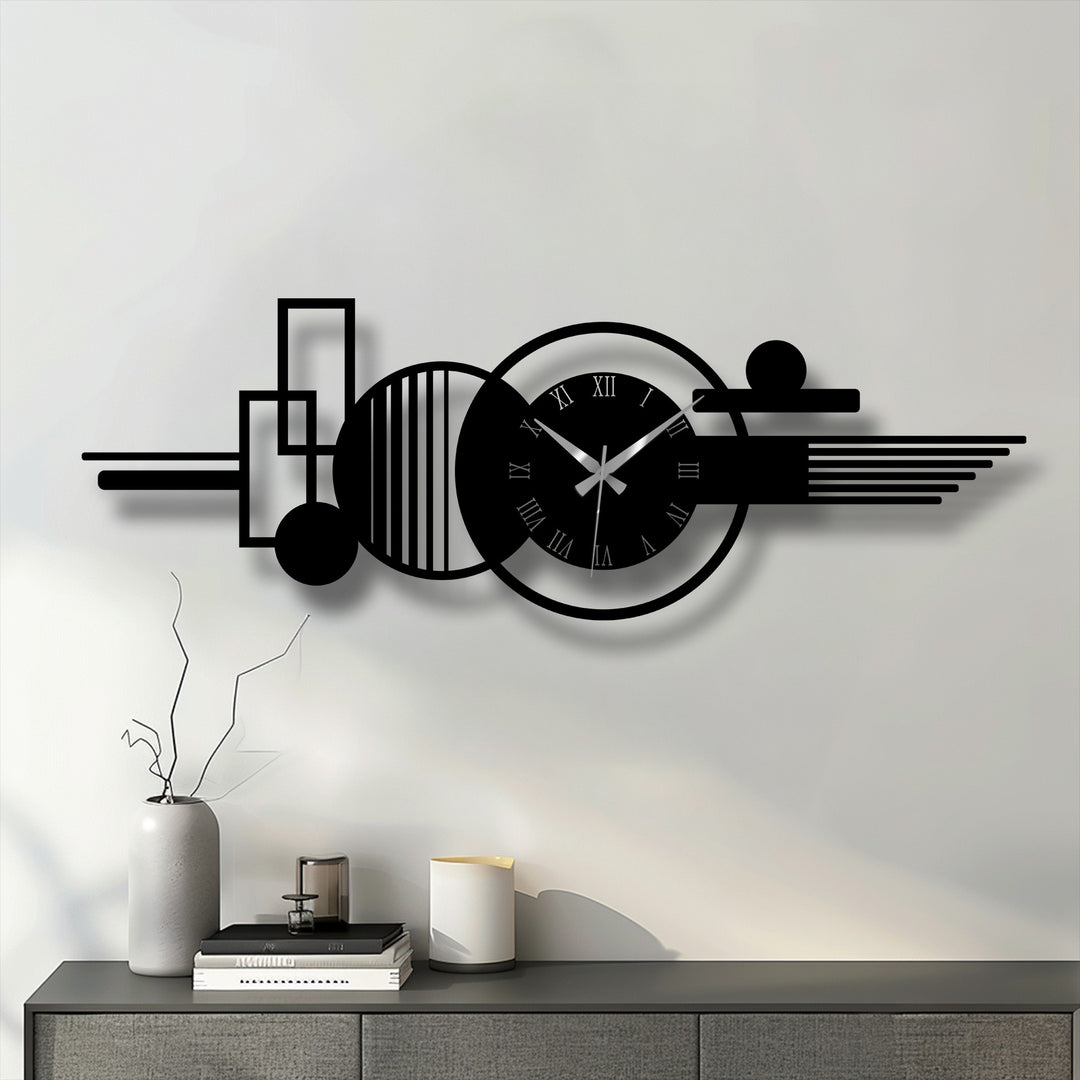 Horizontal geometric wall decor with unique metal wall art presents a modern abstract clock of circles, rectangles, and a sleek, horizontal orientation.