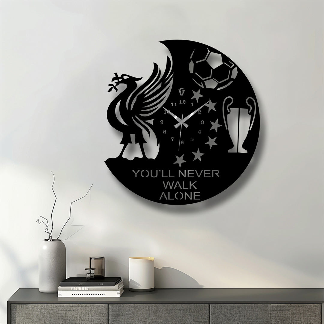 Overlapping layers in this striking Liverpool-themed metal wall decor showcase depth, with the iconic Liverbird, football, trophy, and the inspirational 'You'll Never Walk Alone' slogan.