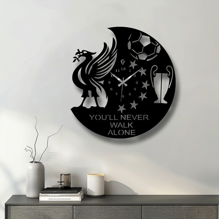 Overlapping layers in this striking Liverpool-themed metal wall decor showcase depth, with the iconic Liverbird, football, trophy, and the inspirational 'You'll Never Walk Alone' slogan.