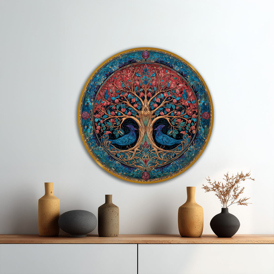 Realistically detailed, the 'Eternal Harmony – Ornate Tree of Life Round Oil Painting' presents a vivid oil painting art piece showcasing a meticulously rendered tree and birds.