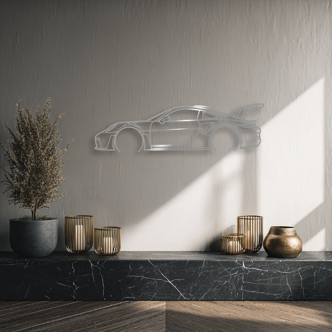 Subtle gradations of gray highlight the sleek lines of this sport car outline metal art for wall, enhancing the minimalist automotive decor.