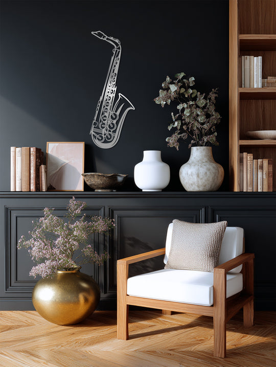 The stillness of the decor is emphasized by the polished saxophone metal wall art, a silent tribute to jazz, presented as metal artwork against a dark wall.