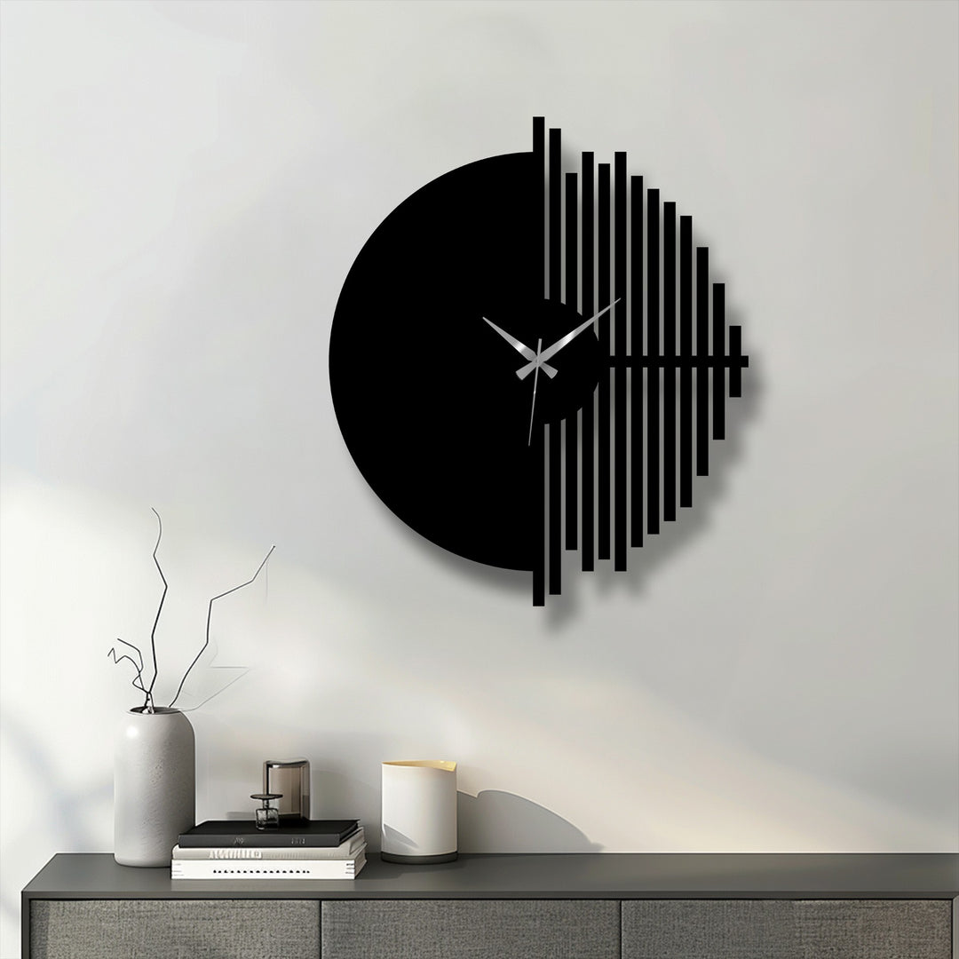 Highlighting the brightest area, this unique metal wall art clock features a half circle with geometric lines, offering minimalist yet modern decor for any space.