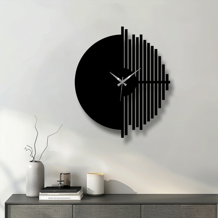 Highlighting the brightest area, this unique metal wall art clock features a half circle with geometric lines, offering minimalist yet modern decor for any space.