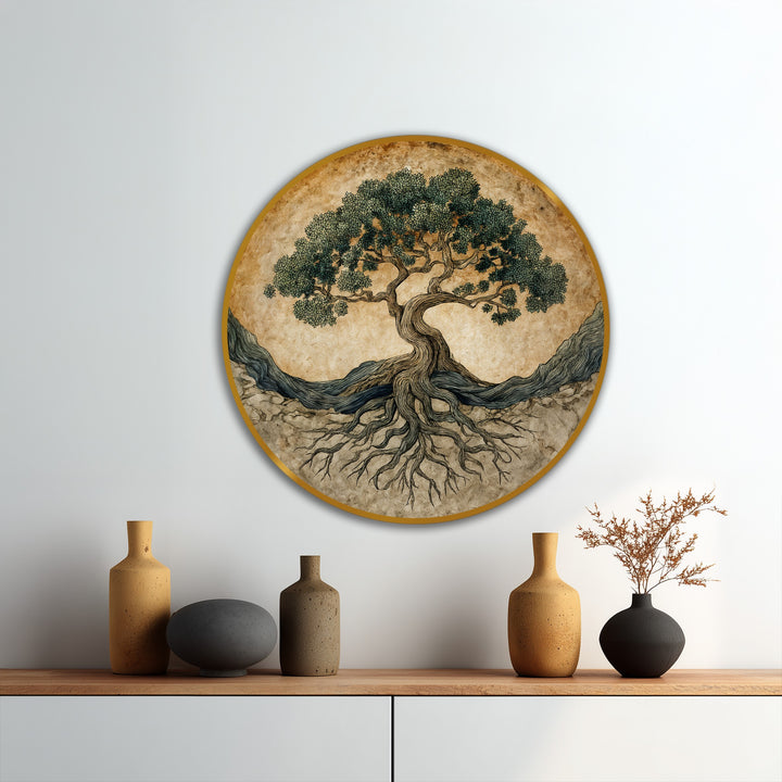 Rough surface texture is visible in this circular modern oil painting art featuring an ancient tree of life with symbolic roots and earthy tones.