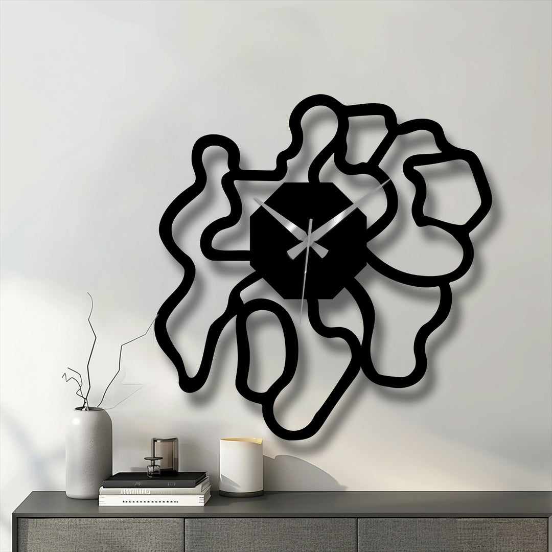 The realistic detail showcases the modern abstract metal wall clock, a piece of decorative metal art with an organic shape, casting a subtle shadow on the wall.